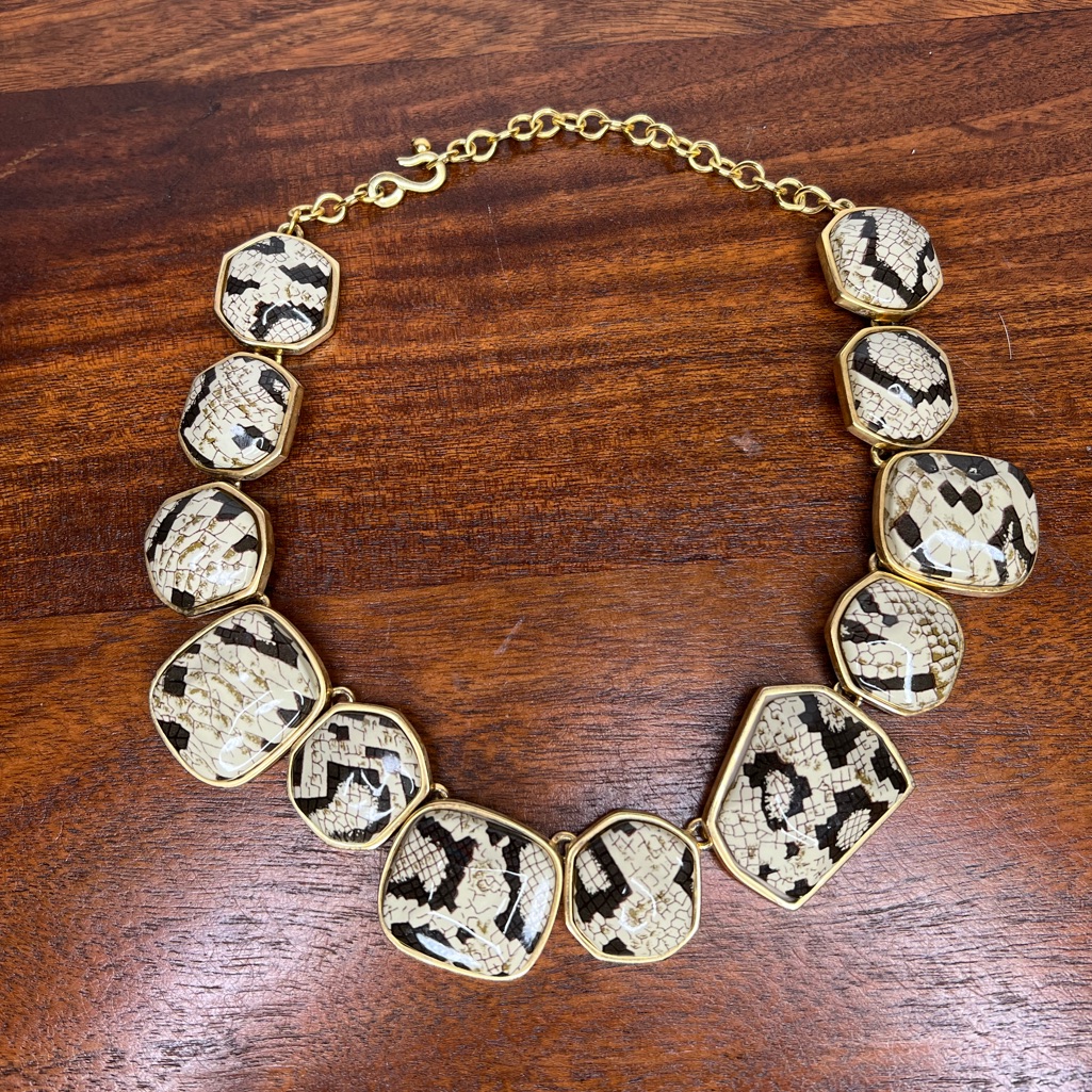 Vintage Kenneth Jay Lane Statement Necklace Python Print Lucite Gold Tone 275$